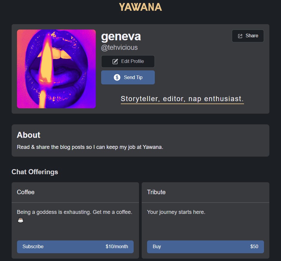 Screenshot showing Yawana profile.